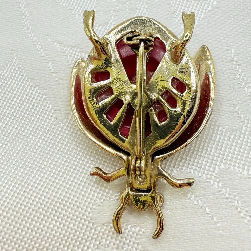 Vintage Insect Art Deco Style Brooch w/ Blue Rhinestone Eyes and Red Resin Belly